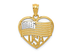 14K Two-tone Gold  Textured American Flag USA in Heart Pendant