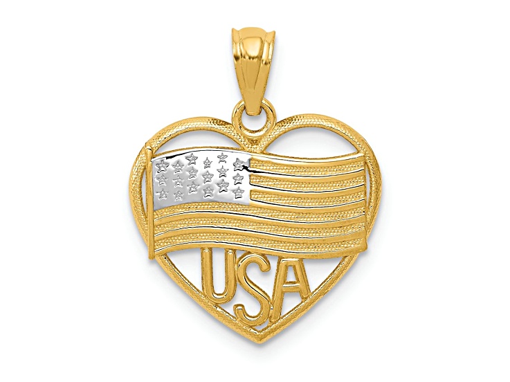 14K Two-tone Gold Textured American Flag USA in Heart Pendant