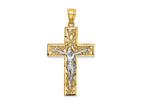 14K Yellow and White Gold Satin Polished Diamond-cut Crucifix with Vines Pendant