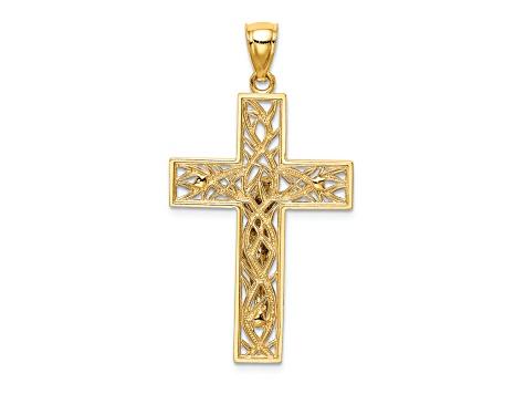 14K Yellow and White Gold Satin Polished Diamond-cut Crucifix with Vines Pendant