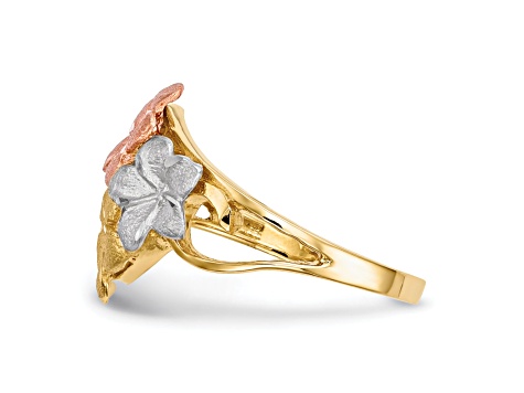 14K Polished and Satin Diamond-cut 4-Plumeria Ring