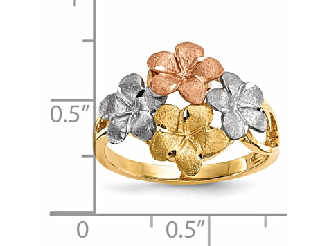 14K Polished and Satin Diamond-cut 4-Plumeria Ring