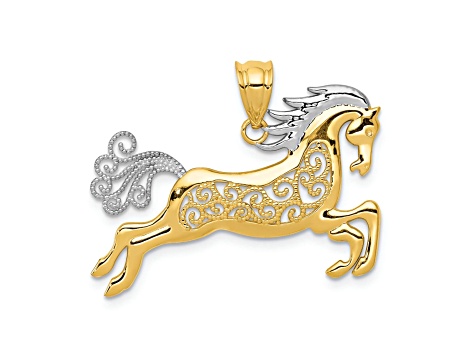 14K Yellow Gold with White Rhodium Filigree Horse Pendant