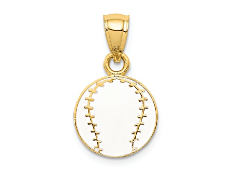 14k Yellow Gold White Enameled Baseball Pendant