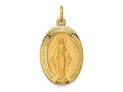 14K Yellow Gold Solid Polished and Satin Oval Miraculous Medal Pendant