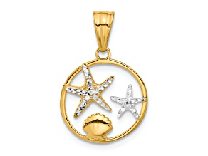 14k Two-tone Gold Diamond-Cut Starfish and Seashell in Circle Pendant