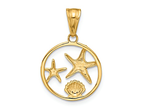14k Two-tone Gold Diamond-Cut Starfish and Seashell in Circle Pendant