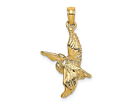 14k Yellow Gold 3D Textured Pelican Flying Charm