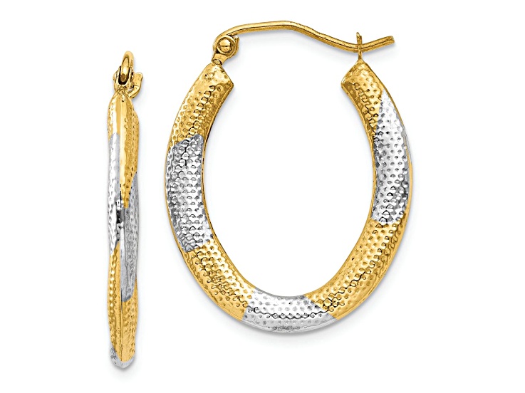 14k Yellow Gold and Rhodium Over 14k Yellow Gold Textured 1" Oval Hoop Earrings