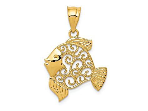 14k Yellow Gold Textured Filigree Fish Pendant