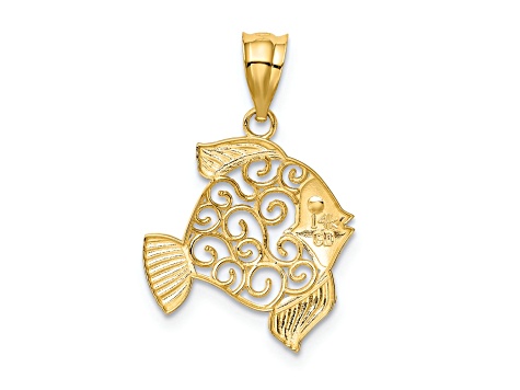 14k Yellow Gold Textured Filigree Fish Pendant