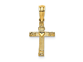 10K Yellow Gold Textured Mini Cross with Heart Charm