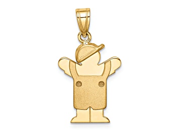 Picture of 14k Yellow Gold Solid Satin Boy in Overalls with Hat on Left Charm