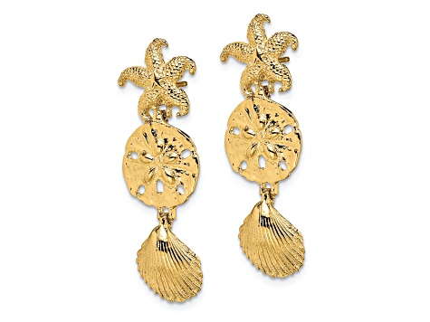 14k Yellow Gold Diamond-Cut and Textured Dangle Earrings With Starfish, Shell and Sand Dollar