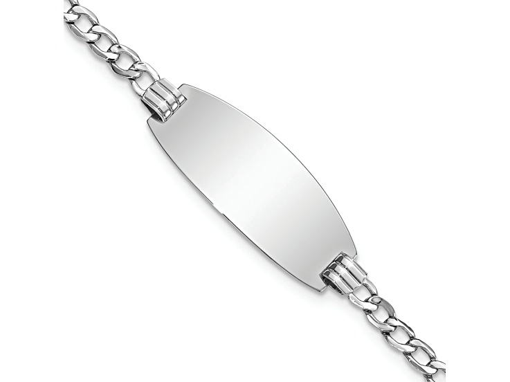 Rhodium Over 14k White Gold Semi-solid Oval Curb Link ID Bracelet