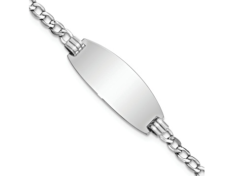 Rhodium Over 14k White Gold Semi-solid Oval Curb Link ID Bracelet