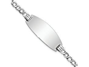Rhodium Over 14k White Gold Semi-solid Oval Curb Link ID Bracelet