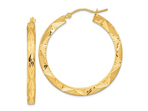 14K Yellow Gold Polished, Satin and Diamond-Cut 1 7/16" Hoop Earrings