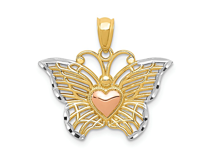 14k Two-tone Gold with Rhodium Over 14k Yellow Gold Butterfly with Heart Pendant