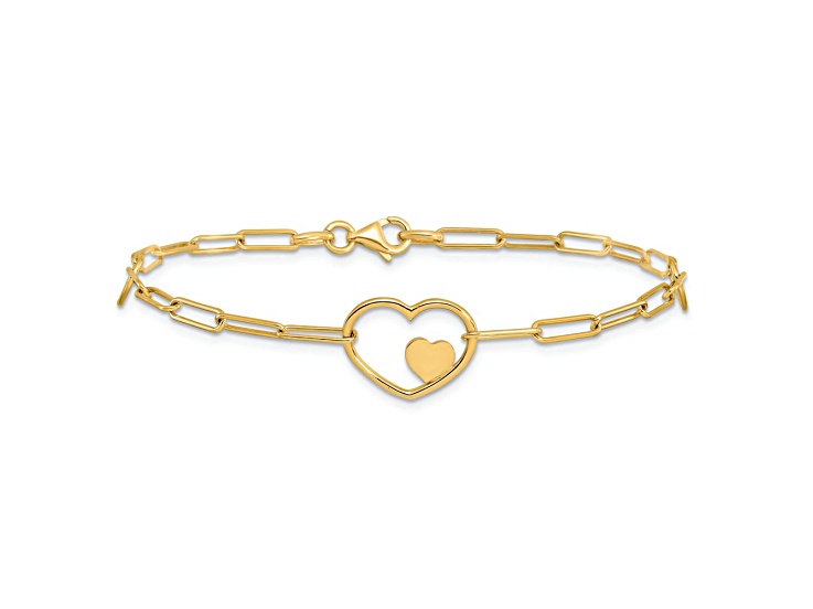 14K Yellow Gold Paperclip Link Heart 7.25-inch Bracelet - 127BVA | JTV