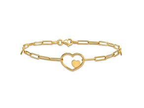 14K Yellow Gold Paperclip Link Heart 7.25-inch Bracelet