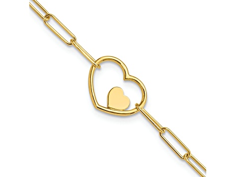 14K Yellow Gold Paperclip Link Heart 7.25-inch Bracelet