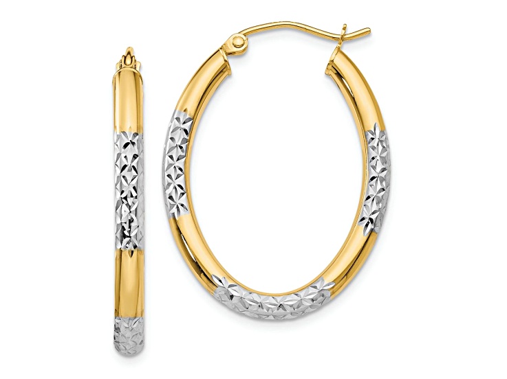 14k Yellow Gold and Rhodium Over 14k Yellow Gold Diamond-Cut 1 1/4" Oval Hoop Earrings
