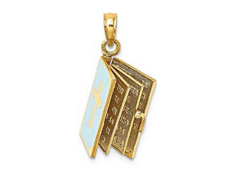 14k Yellow Gold Textured Blue Enamel Bible Book with Moveable Pages Pendant