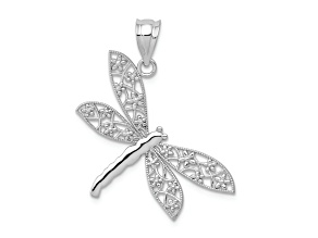 Rhodium Over 14k White Gold Diamond-Cut Filigree Textured Dragonfly Pendant