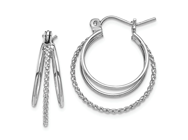Rhodium Over 14k White Gold Polished and Textured 3/4" Circle Hoop Earrings