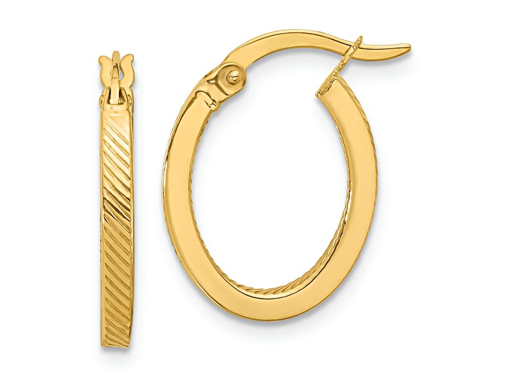 10k Yellow Gold 3/4 inch Polished and Textured Oval Hoop Earrings