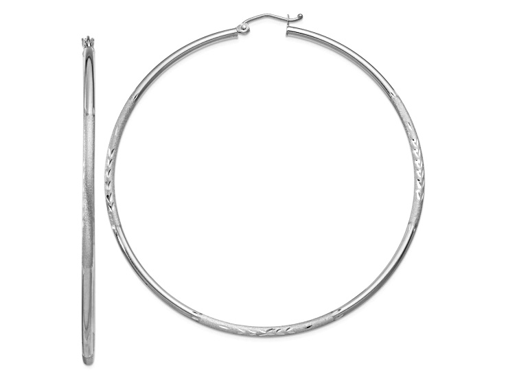 Rhodium Over 10k White Gold Satin and Diamond-Cut 2 9/16" Round Hoop Earrings