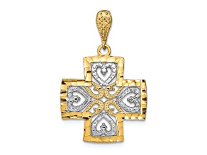 14k Yellow Gold and Rhodium Over 14k Yellow Gold Diamond-Cut Heart Cross Charm