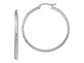 Rhodium Over 14k White Gold Diamond-Cut 1 7/16" Hoop Earrings