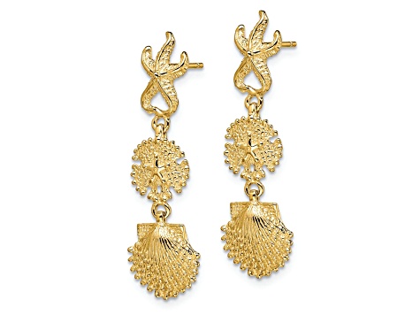 14k Yellow Gold Textured Starfish, Sand Dollar and Scallop Shell Dangle Earrings