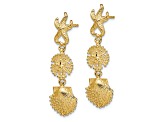 14k Yellow Gold Textured Starfish, Sand Dollar and Scallop Shell Dangle Earrings