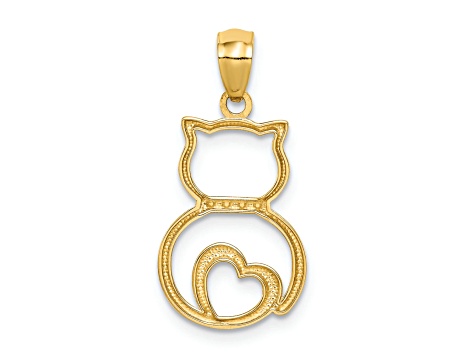 14K Yellow Gold with White Rhodium Diamond-cut Sitting Cat Pendant