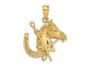 14k Yellow Gold Textured Horse Head with Shoe and Crop Pendant