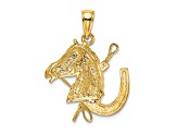 14k Yellow Gold Textured Horse Head with Shoe and Crop Pendant