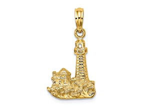 14k Yellow Gold 2D Textured Lighthouse with Waves and Buildings Charm