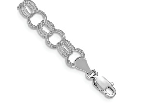Rhodium Over 14k White Gold Solid 6mm Triple Link Charm Bracelet