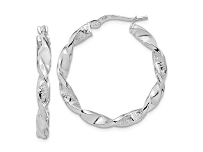 Rhodium Over 14K White Gold Polished and Textured 1 1/8" Twisted Hoop Earrings