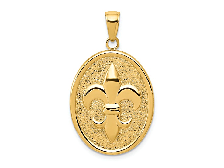 10K Yellow Gold Textured Fleur-De-Lis on Oval Disk Pendant