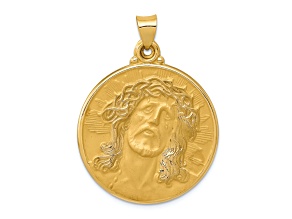 14K Yellow Gold Polished and Satin Face of Jesus Medal Hollow Pendant