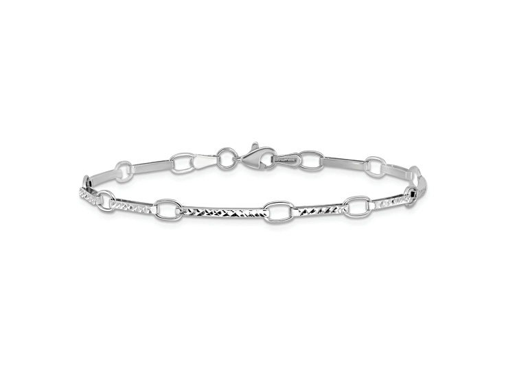 Rhodium Over 14k White Gold 4mm Polished and Textured Fancy Link Bracelet