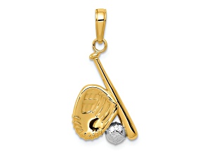 10K Yellow Gold and Rhodium Over 10K Yellow Gold Baseball, Bat, and Glove Pendant