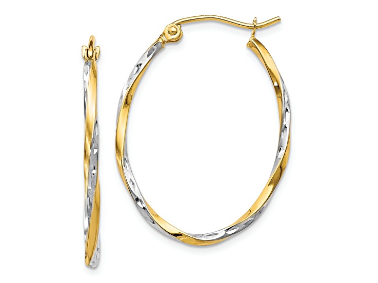 10K Two-tone Gold 1 3/16 inch Diamond-Cut Oval Hinged Hoop Earrings