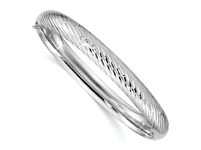 Rhodium Over 14k White Gold 8mm Textured and Diamond-Cut Hinged Bangle