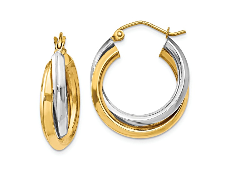 14k Yellow Gold and 14k White Gold 9/16" Polished Double Hoop Earrings
