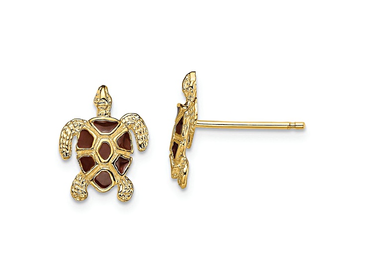 14k Yellow Gold Textured Sea Turtle with Brown Enamel Shell Stud ...